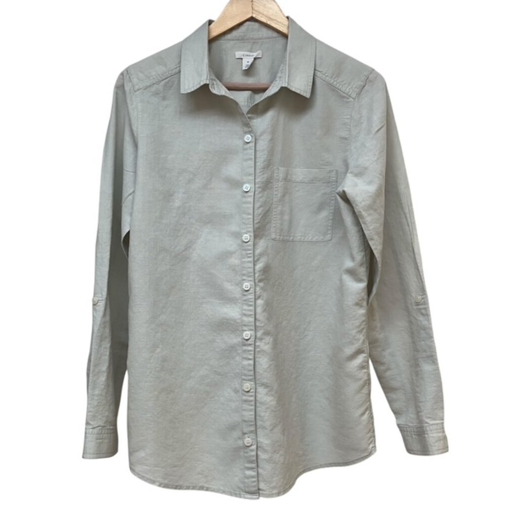 Caslon Greige Linen blend long sleeve button down shirt size M